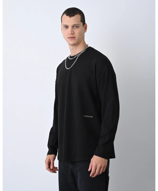 Erkek Owersize Bisiklet Örme İnce Triko-Siyah