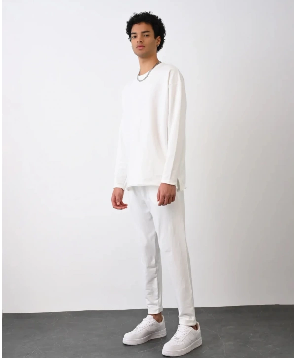 Erkek Owersize Bisiklet Yaka Basic Sweatshirt - Beyaz