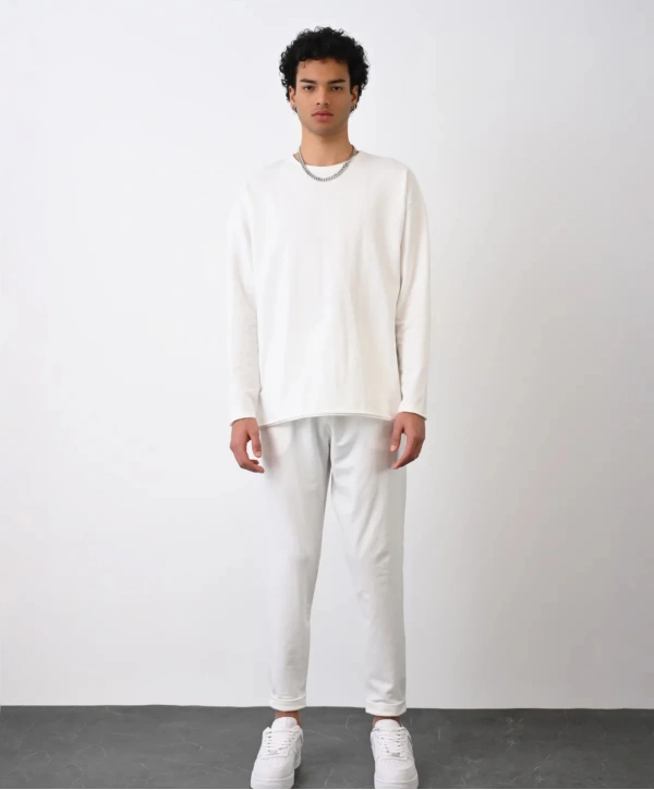 Erkek Owersize Bisiklet Yaka Basic Sweatshirt - Beyaz