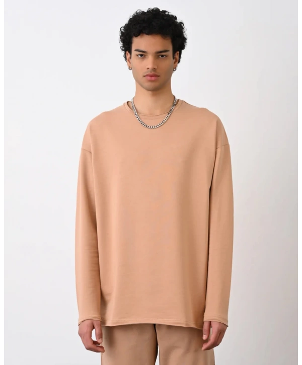 Erkek Owersize Bisiklet Yaka Basic Sweatshirt - Taba