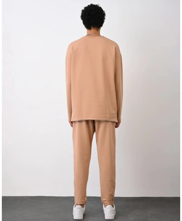 Erkek Owersize Bisiklet Yaka Basic Sweatshirt - Taba