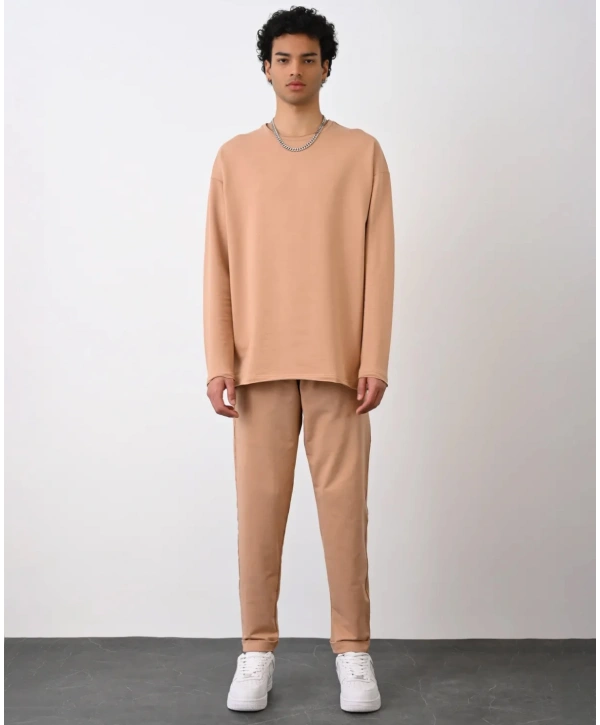 Erkek Owersize Bisiklet Yaka Basic Sweatshirt - Taba