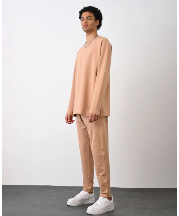 Erkek Owersize Bisiklet Yaka Basic Sweatshirt - Taba