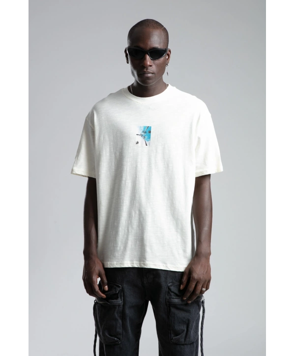 Erkek Owersıze Bisiklet Yaka California Baskılı Tişört -Ekru