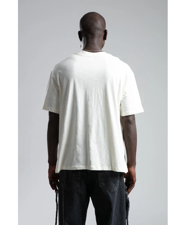 Erkek Owersıze Bisiklet Yaka California Baskılı Tişört -Ekru