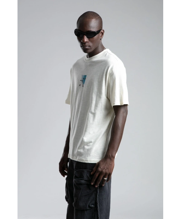 Erkek Owersıze Bisiklet Yaka California Baskılı Tişört -Ekru