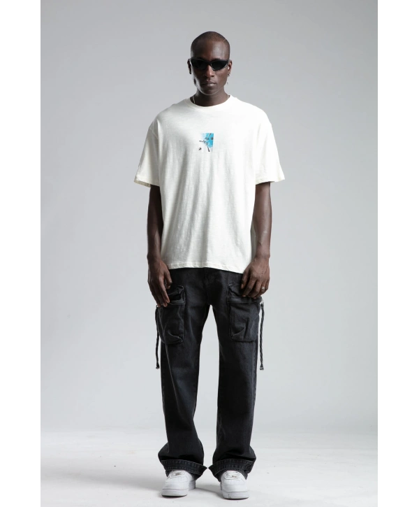 Erkek Owersıze Bisiklet Yaka California Baskılı Tişört -Ekru