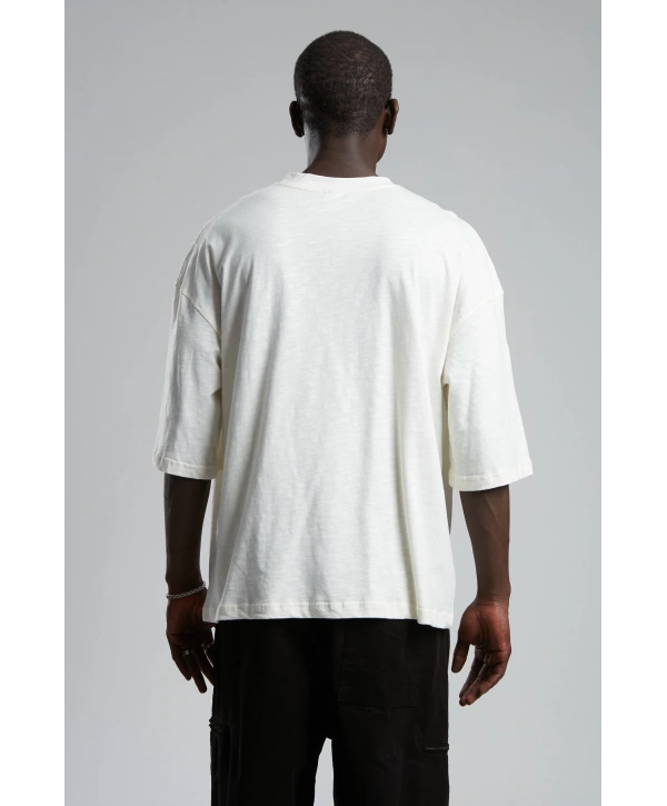 Erkek Owersıze Bisiklet Yaka Catch Baskılı Tişört -Beyaz