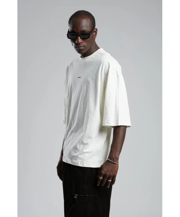 Erkek Owersıze Bisiklet Yaka Catch Baskılı Tişört -Beyaz