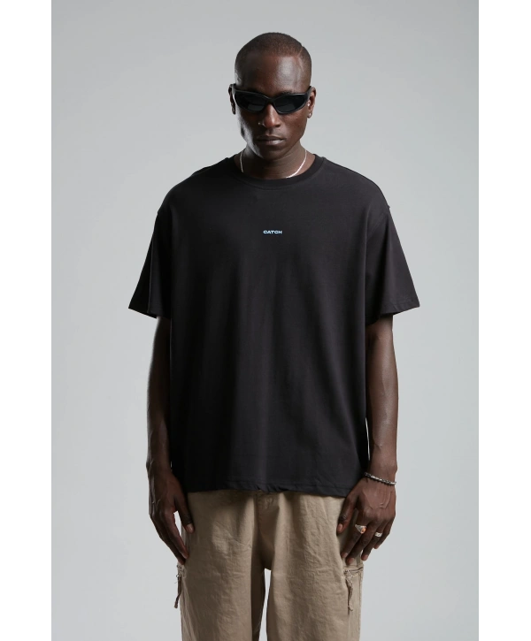 Erkek Owersıze Bisiklet Yaka Catch Baskılı Tişört -Siyah