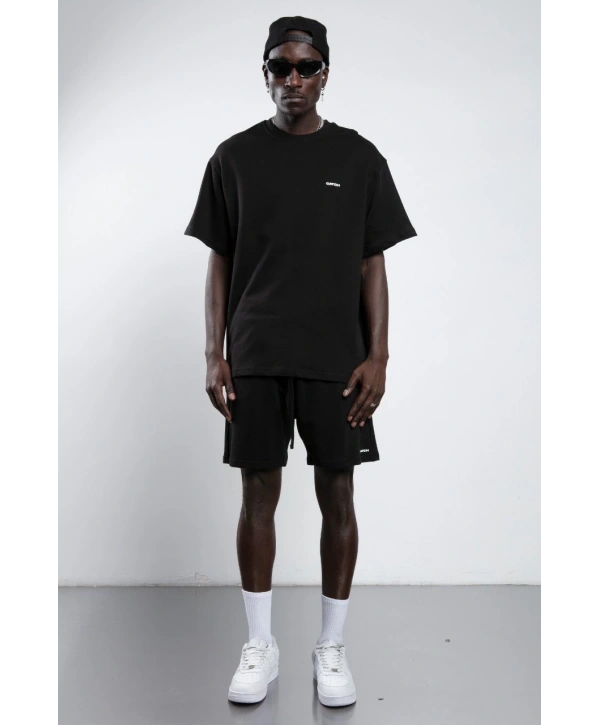 Erkek Owersıze Bisiklet Yaka Catch Baskılı Tişört -Siyah