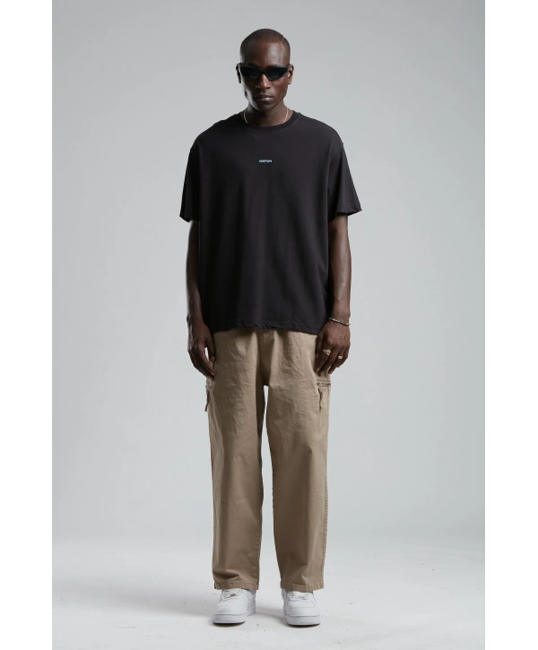 Erkek Owersıze Bisiklet Yaka Catch Baskılı Tişört -Siyah