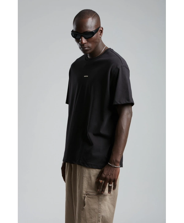 Erkek Owersıze Bisiklet Yaka Catch Baskılı Tişört -Siyah