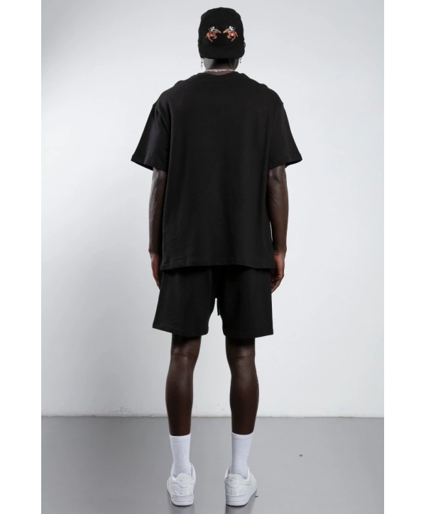 Erkek Owersıze Bisiklet Yaka Catch Baskılı Tişört -Siyah