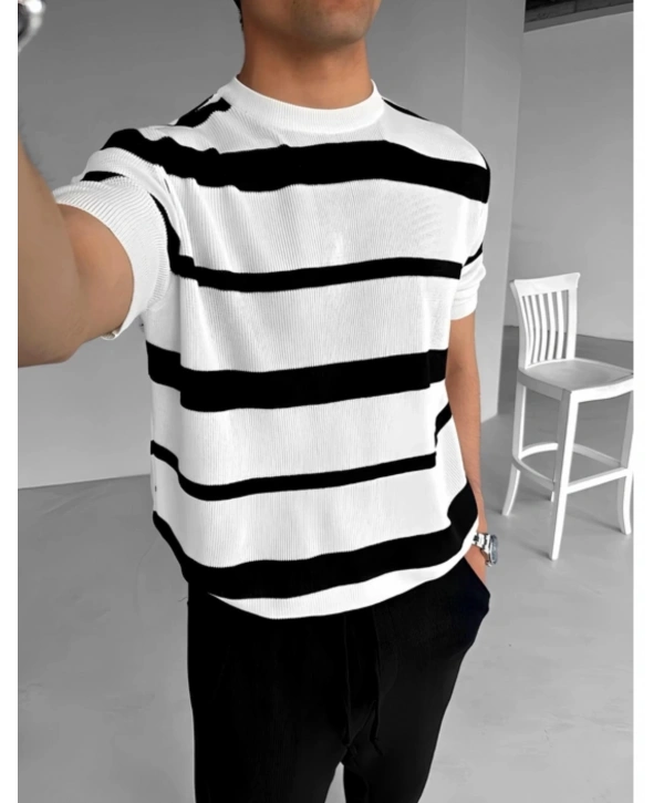 Erkek Owersıze Bisiklet Yaka Çizgili Triko Tişört - Beyaz Laci