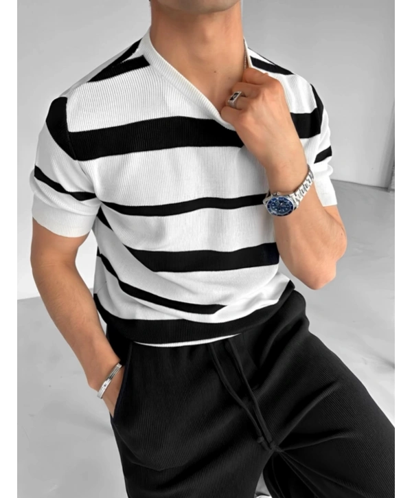 Erkek Owersıze Bisiklet Yaka Çizgili Triko Tişört - Beyaz Laci