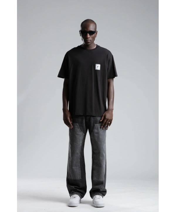 Erkek Owersıze Bisiklet Yaka Empire Baskılı Tişört -Siyah