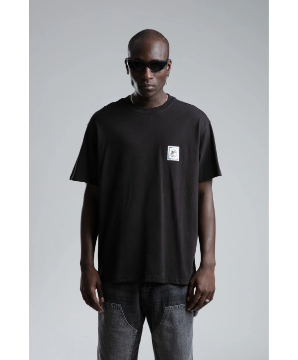 Erkek Owersıze Bisiklet Yaka Empire Baskılı Tişört -Siyah