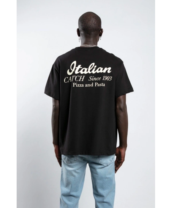 Erkek Owersıze Bisiklet Yaka Italia Baskılı Tişört -Siyah