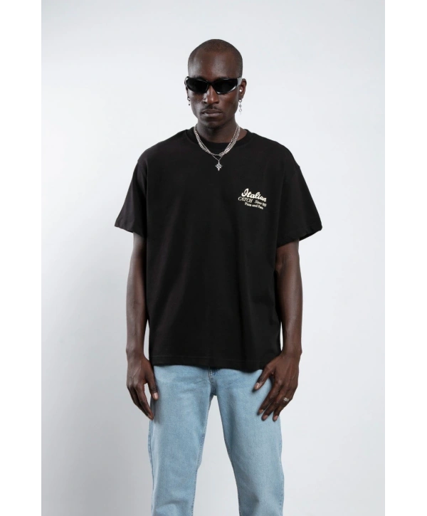 Erkek Owersıze Bisiklet Yaka Italia Baskılı Tişört -Siyah