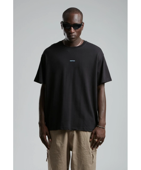 Erkek Owersıze Bisiklet Yaka Önü Catch Baskılı Tişört -Siyah