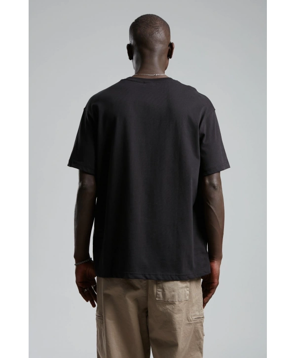 Erkek Owersıze Bisiklet Yaka Önü Catch Baskılı Tişört -Siyah