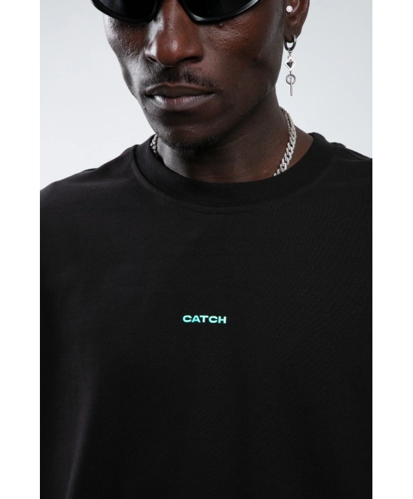 Erkek Owersıze Bisiklet Yaka Önü Catch Baskılı Tişört -Siyah