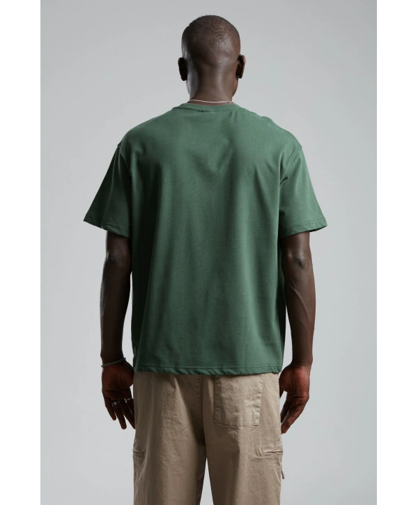 Erkek Owersıze Bisiklet Yaka Önü Catch Baskılı Tişört -Yeşil