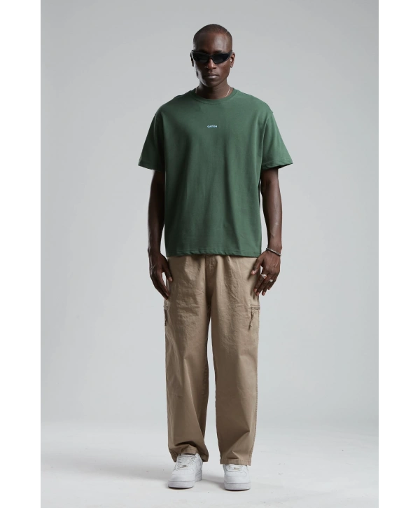 Erkek Owersıze Bisiklet Yaka Önü Catch Baskılı Tişört -Yeşil