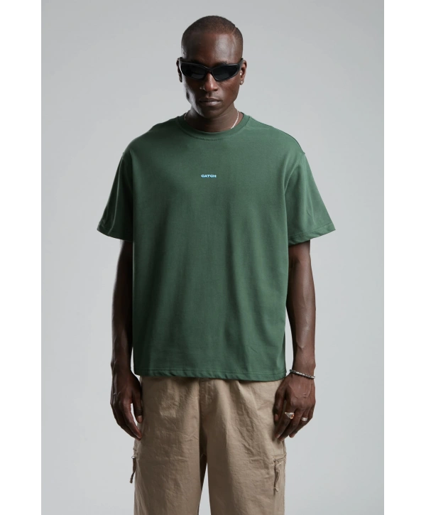 Erkek Owersıze Bisiklet Yaka Önü Catch Baskılı Tişört -Yeşil