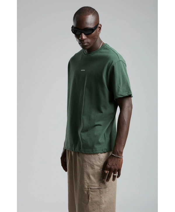 Erkek Owersıze Bisiklet Yaka Önü Catch Baskılı Tişört -Yeşil