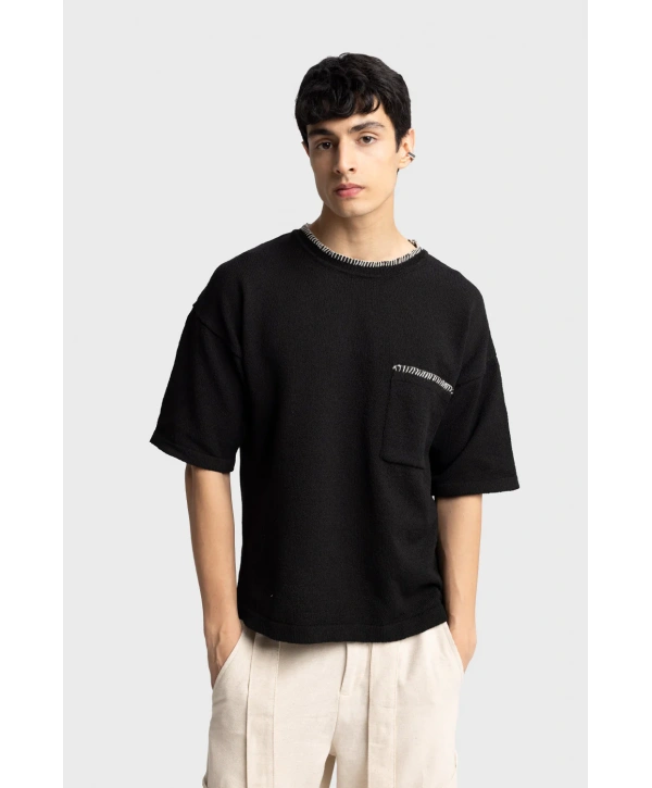 Erkek Owersize Bisiklet Yaka Örme Triko Tihşört - Siyah