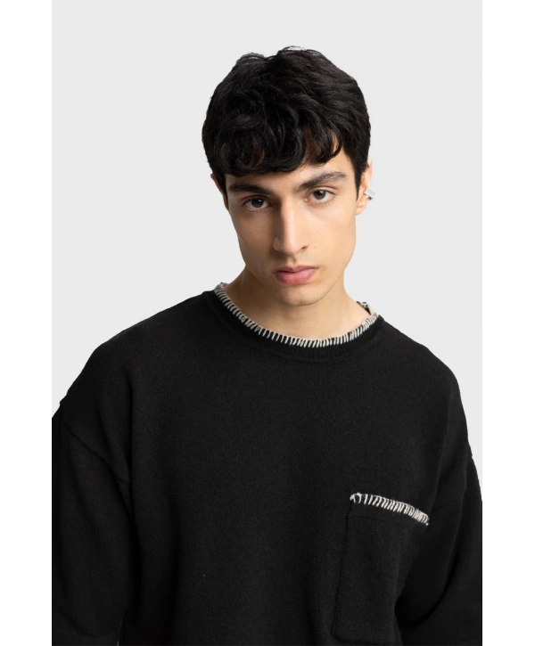 Erkek Owersize Bisiklet Yaka Örme Triko Tihşört - Siyah