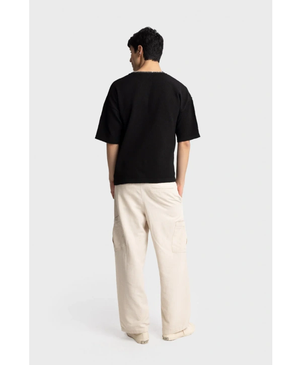 Erkek Owersize Bisiklet Yaka Örme Triko Tihşört - Siyah