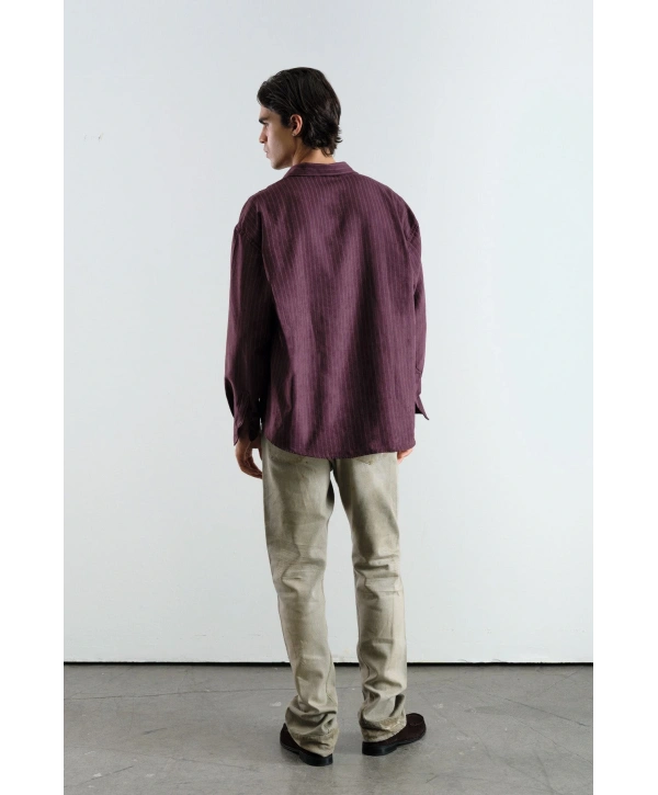 Erkek Owersize Çizgili Pamuklu Gömlek- Bordo