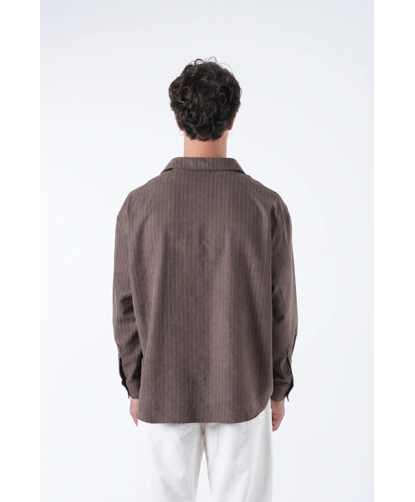 Erkek Owersize Çizgili Pamuklu Gömlek- Kahverengi