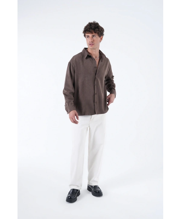 Erkek Owersize Çizgili Pamuklu Gömlek- Kahverengi