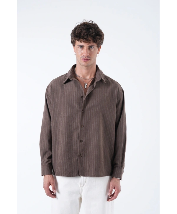 Erkek Owersize Çizgili Pamuklu Gömlek- Kahverengi