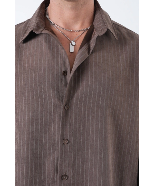 Erkek Owersize Çizgili Pamuklu Gömlek- Kahverengi