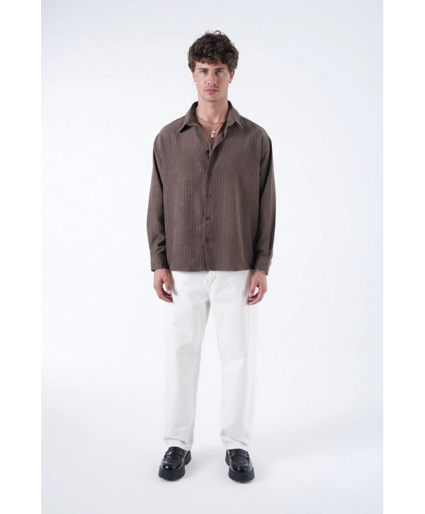 Erkek Owersize Çizgili Pamuklu Gömlek- Kahverengi