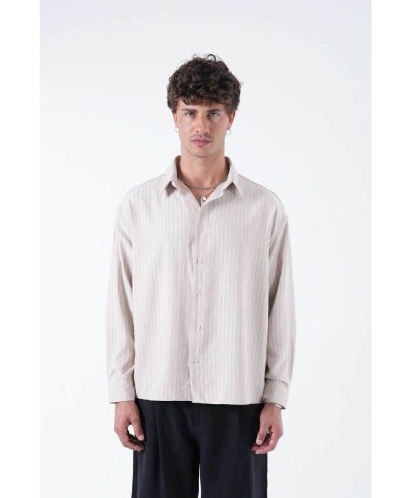 Erkek Owersize Çizgili Pamuklu Gömlek- Krem