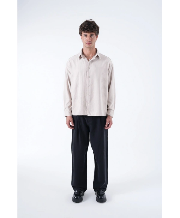 Erkek Owersize Çizgili Pamuklu Gömlek- Krem