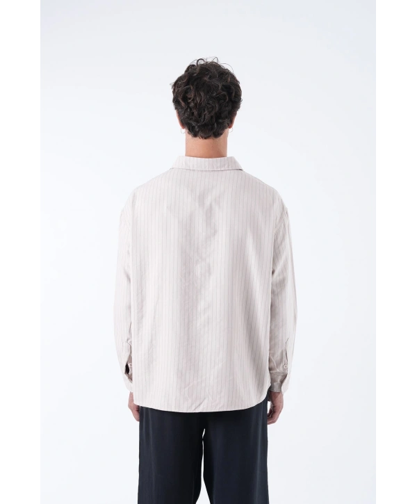 Erkek Owersize Çizgili Pamuklu Gömlek- Krem