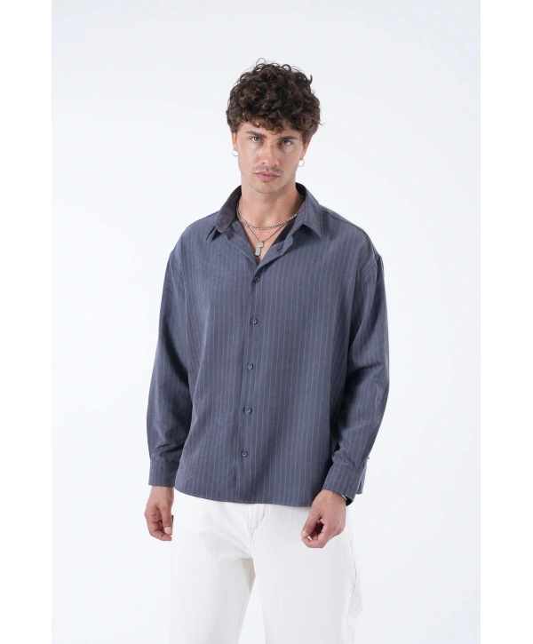 Erkek Owersize Çizgili Pamuklu Gömlek- Lacivert