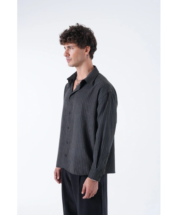 Erkek Owersize Çizgili Pamuklu Gömlek- Siyah