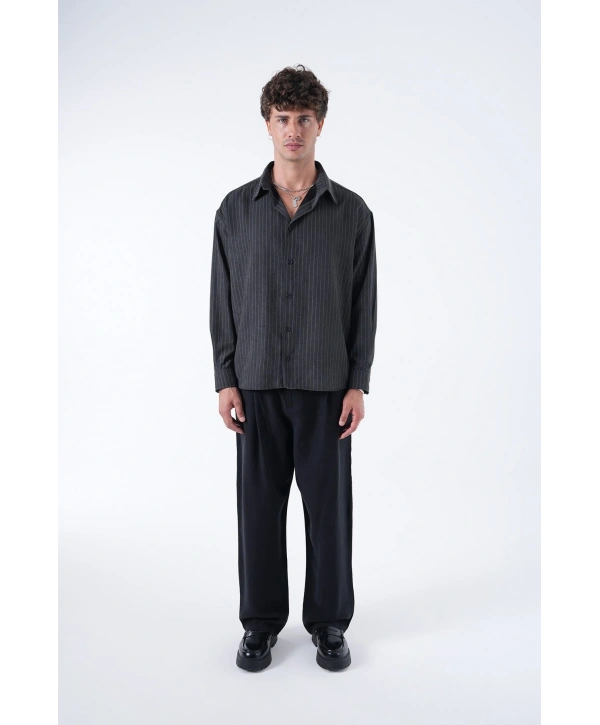 Erkek Owersize Çizgili Pamuklu Gömlek- Siyah