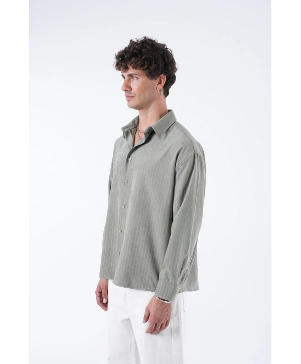 Erkek Owersize Çizgili Pamuklu Gömlek- Yeşil