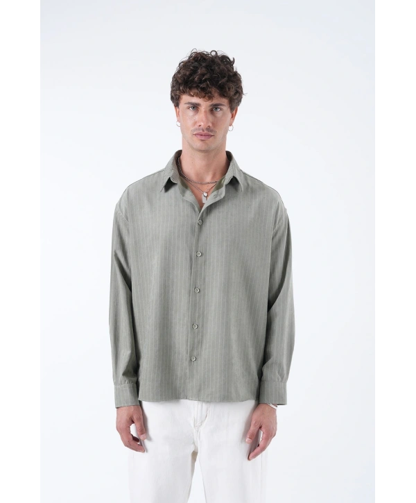 Erkek Owersize Çizgili Pamuklu Gömlek- Yeşil