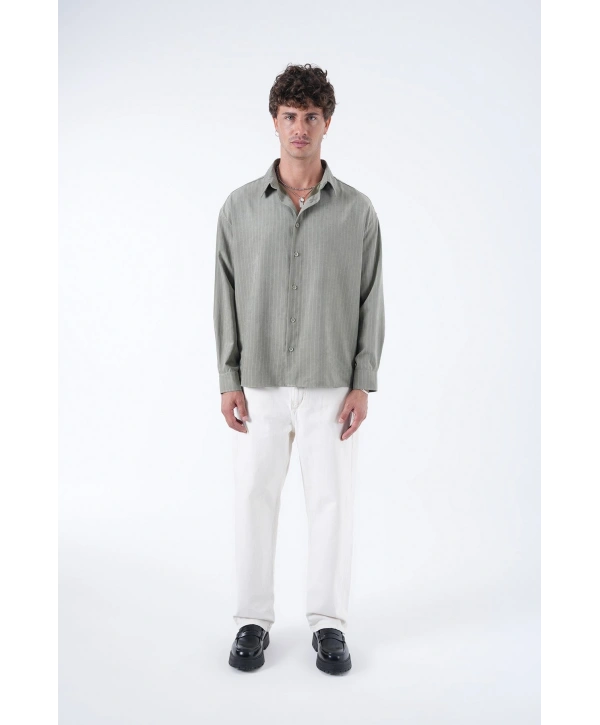 Erkek Owersize Çizgili Pamuklu Gömlek- Yeşil