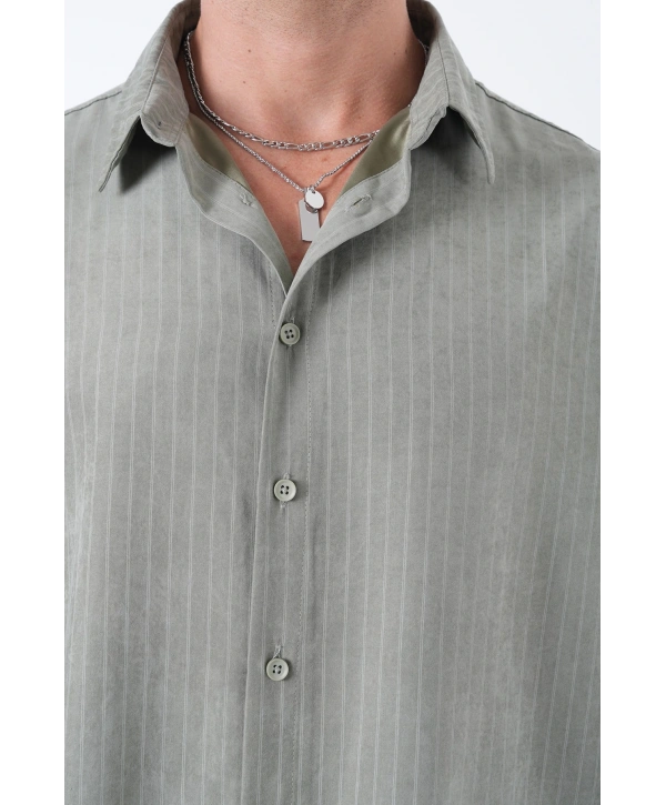 Erkek Owersize Çizgili Pamuklu Gömlek- Yeşil